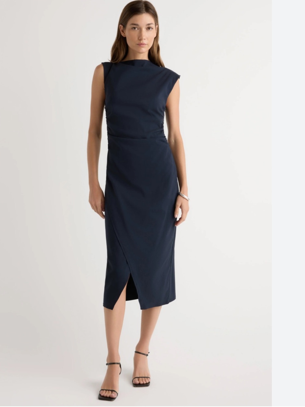 Modern Citizen Manon Navy Asymmetric-Neck Ruched Dress Sz Small